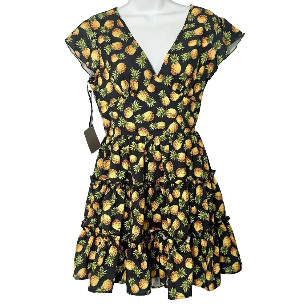 Area Stars Pineapple Black Yellow Flutter Sleeve Mini Dress size S NEW Tags
